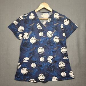 eliteMed Performance Scrub Top Womens Medium Blue Halloween Bat Moon Pocket